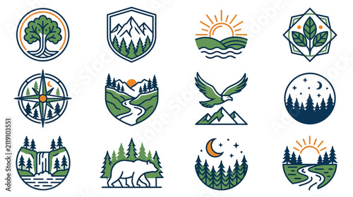 Outdoor adventure and nature landscape badge designs