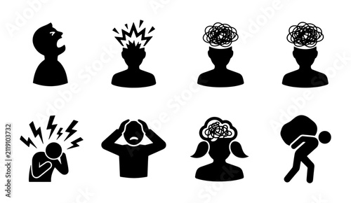 Quadro su tela Mental Health Icons Set: Stress, Anxiety, Overwhelm, Depression, Burnout, Emotio