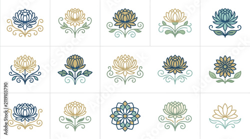 Ornate lotus and flower emblems in earth tones.