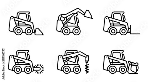 фотографія Skid Steer Loader Icons Set, Compact Construction Vehicle Line Art Collection