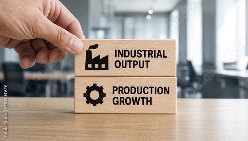 Hand placing wooden block emphasizing industrial output and production growth in modern office setting