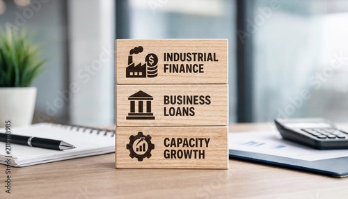 Wooden blocks illustrating industrial finance concepts including business loans and capacity growth on office desk