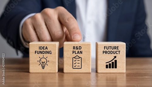 Professional hand placing wooden blocks representing idea funding research and development plan and future product growth stages
