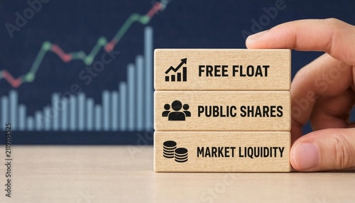 Hand holding wooden blocks illustrating financial concepts free float public shares and market liquidity against stock chart