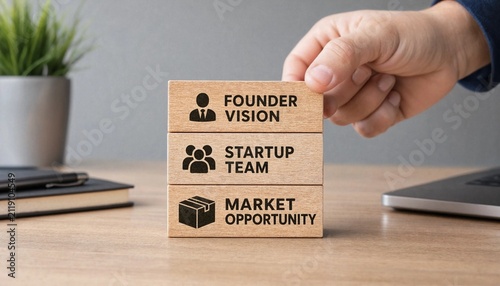 Hand placing wooden block with startup foundation elements on a desk with laptop and plant