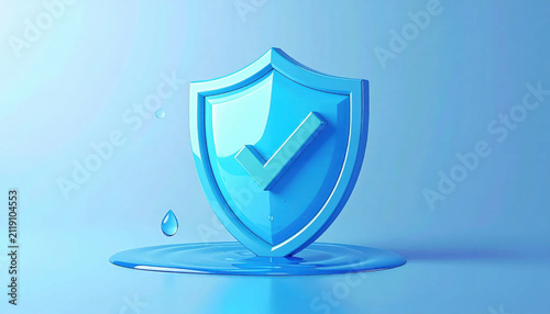 Blue shield check security icon protection symbol water drop clean background