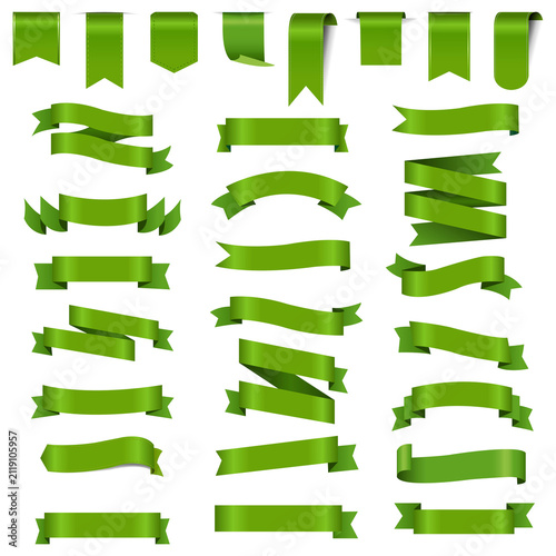 Green Silk Ribbons Set Isolated White Background