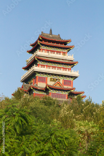 Siping,Jilin,China - September 10 2023: Nalan Tower in Fall. 7-tier traditional Chinese pavilion was built to honor Nalan Xingde.