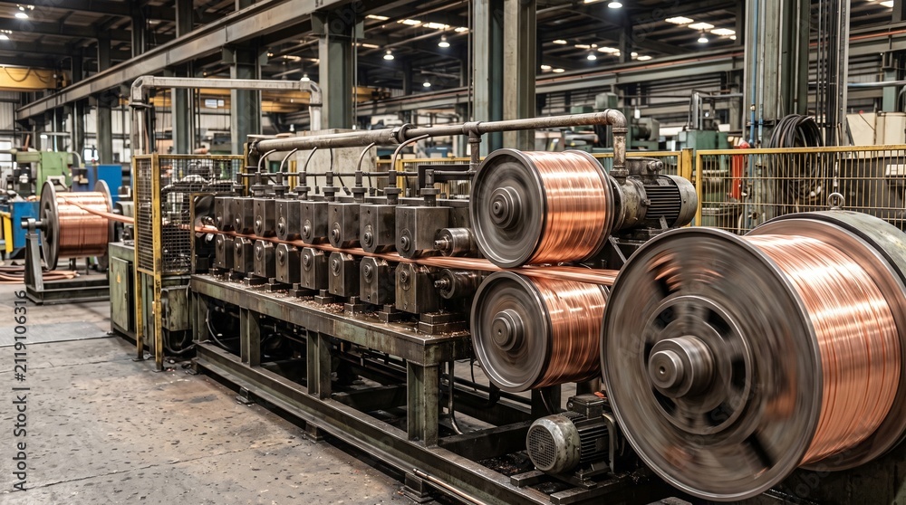 Fototapeta premium Copper Wire Drawing Line With a Row of Die Blocks Feeding Bright Strands Onto Motion Blurred Spinning Capstans and Large Wound Spools in a Factory Wire Manufacturing Industry