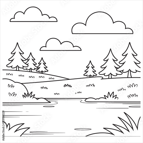 Black and white coloring page featuring a peaceful nature landscape with pine trees clouds and a calm lake