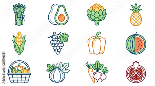 Creative Colorful Hand Drawn Set of Fresh Vegetables and Fruits with Playful Designs with high quality professional line art symbols for modern creative design and digital branding projects
