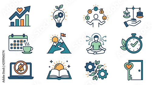 Clean Minimalist Icons Set Featuring Growth Productivity Success and Wellness Concepts in Bright Colors
