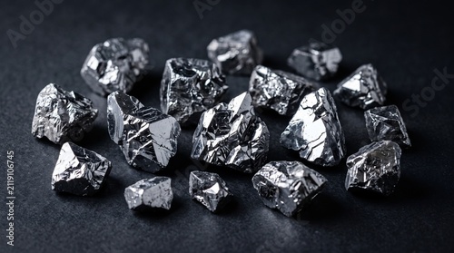 Studio Macro of Chrome Bright Polysilicon Chunks Clustered on a Coarse Black Slate Surface With Warm Rim Highlights Raking Across Their Sharp Facets Materials Technology