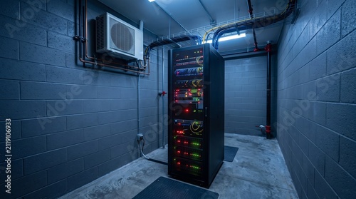 Tall Black Perforated Door Server Cabinet Glowing With Rows of Red Green and Amber Status LEDs and Yellow Patch Cables in a Narrow Grey Cinderblock Equipment Room Technology