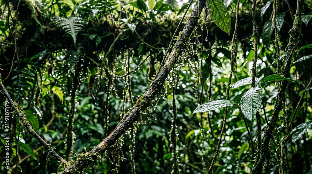 Fototapeta premium Lush green rainforest canopy with hanging vines and mossy branches