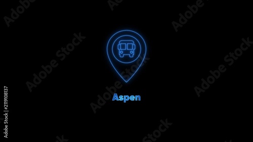 Aspen bus station neon sign animation: digital map location pin for public transportation