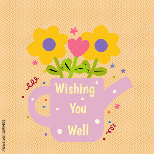 wishing you well flower watering can with flower greeting card vector y2k design