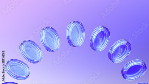 3D render of revolving glossy blank coins floating. Symbol for financial growth, stock market investment, crypto trading profit, wealth economy banking. glass iridescent rotating digital money.