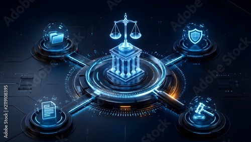 Futuristic digital legal system concept with integrated data security, compliance, and justice, representing modern law in a connected cyber environment.