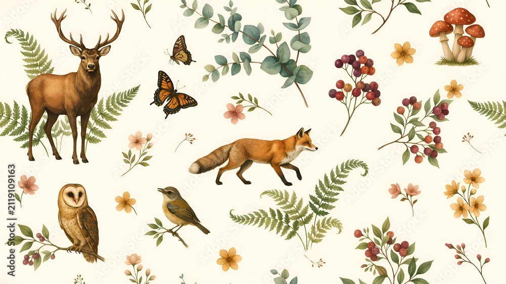 Fototapeta premium Forest animals and botanical illustration a repeating watercolor pattern