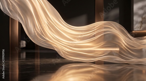 Elegant flowing sheer fabric draped over dark marble floor with single piece translucent dark reflective surface flowing gracefully portrays single background shimmering luxurious