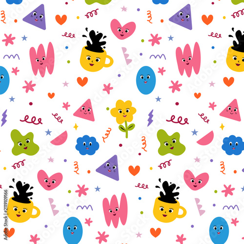 y2k groovy retro abstract characters seamless pattern funky doodle vector