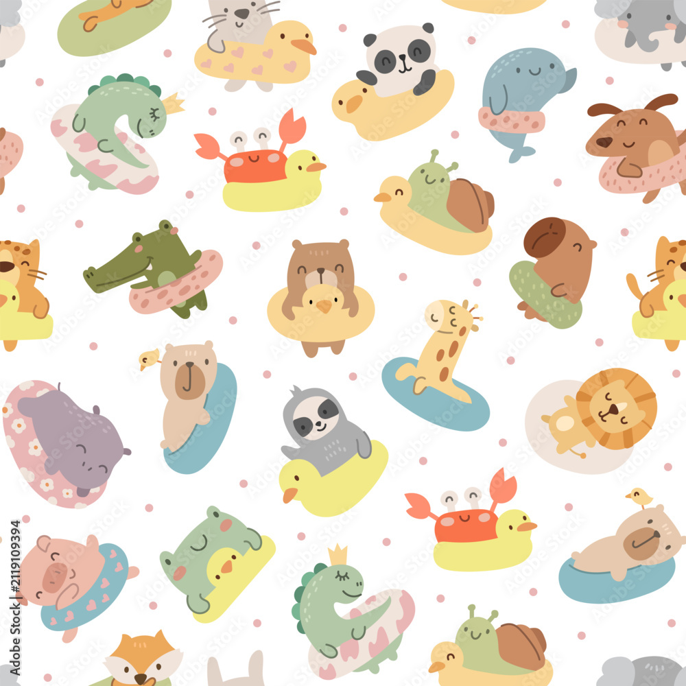 Fototapeta premium Animal summer beach seamless pattern set featuring dinosaur panda whale dog rabbit snail crab crocodile bear giraffe lion sloth hippopotamus