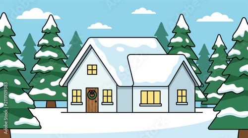 A beautiful merry christmas winter landscape featuring a cozy house surrounded by snow covered pine trees under a bright blue sky background