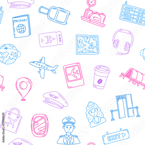 Airport travel seamless pattern set featuring passport map headset scanner globe airplane ticket takeaway cup board location marker pilot stewardess