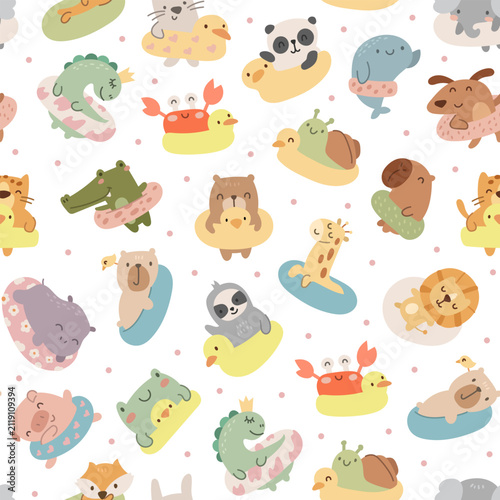 Animal summer beach seamless pattern set featuring dinosaur panda whale dog rabbit snail crab crocodile bear giraffe lion sloth hippopotamus