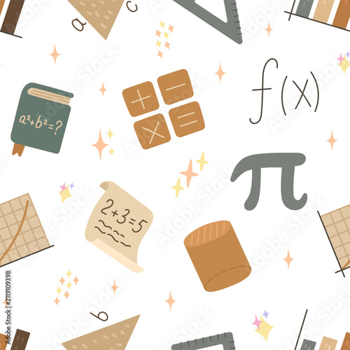 Mathematics school seamless pattern set featuring function pi textbook graph addition button equation cylinder ruler formula arithmetic sum star geometry