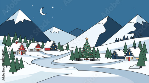 A beautiful merry christmas winter landscape featuring a peaceful village with snow covered cabins nestled among tall mountains under a night sky