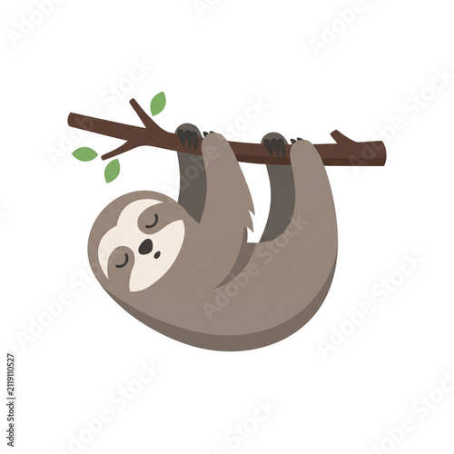 Cute Cartoon Sloth Hanging on a Tree Branch with Leaves, Adorable Animal Illustration