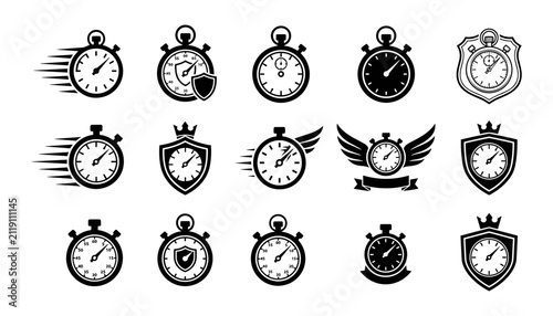 Bild auf Leinwand Stopwatches with Various Designs and Symbols in a Collection of Icons Featuring