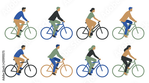 Bicycle Riders Set in Flat Minimalist Vector Design for Projects