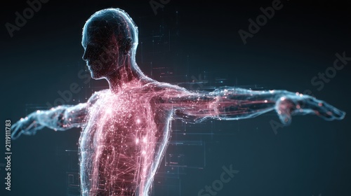 Glowing digital human body outline with intricate network of red light strands across dark background