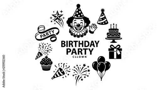 Foto Birthday Party Clown Illustration with Celebratory Elements Featuring Celebratio