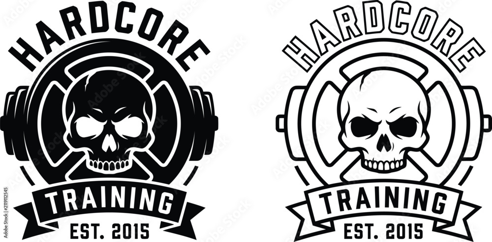 Fototapeta premium Hardcore training gym logo emblem with skull and barbell weight illustration
