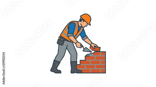 Construction Worker Building Brick Wall Vector Illustration