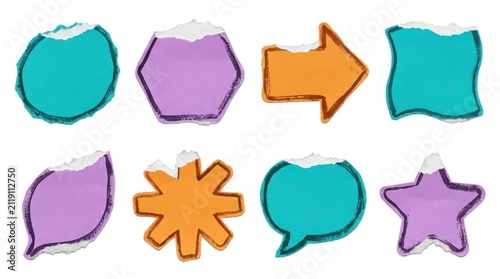 Colorful torn paper edge banner stickers with speech bubble and arrow isolated on white background