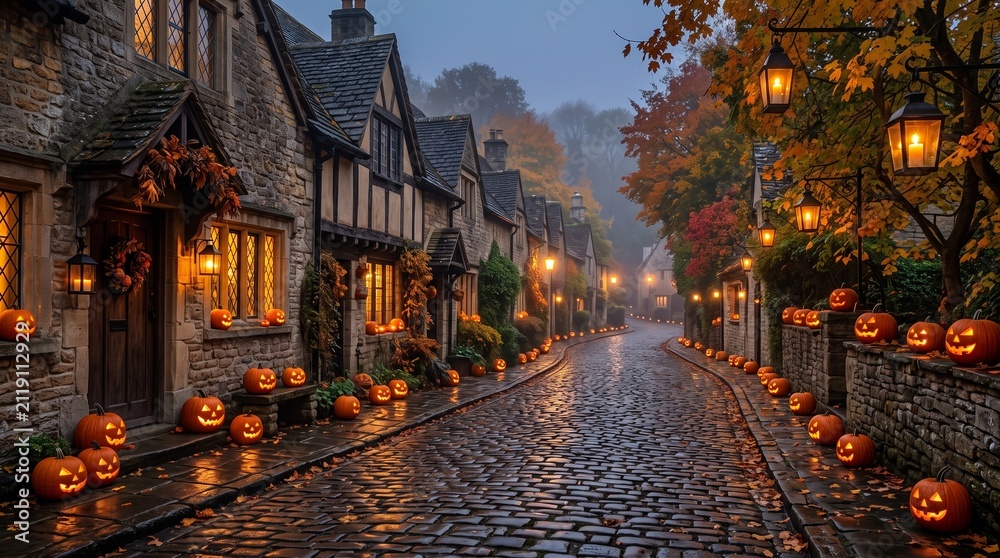 Obraz premium Cozy Autumn Street with Jack-O'-Lanterns