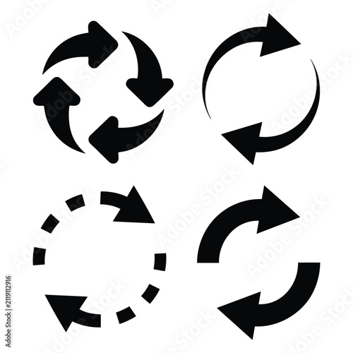 Fotografie Set of black circular arrow icons symbolizing recycling and continuous motion on a clean white background with flat lighting