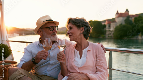 elegant senior couple enjoying luxury river cruise in europe
