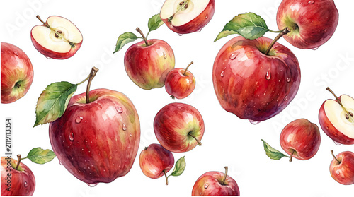 Watercolor illustration of fresh red apples with green leaves isolated on transparent background