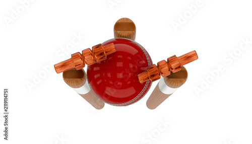 Obraz na płótnie Red Shiny Leather Cricket Ball Hitting Wooden Stumps and Bails Transparent Image