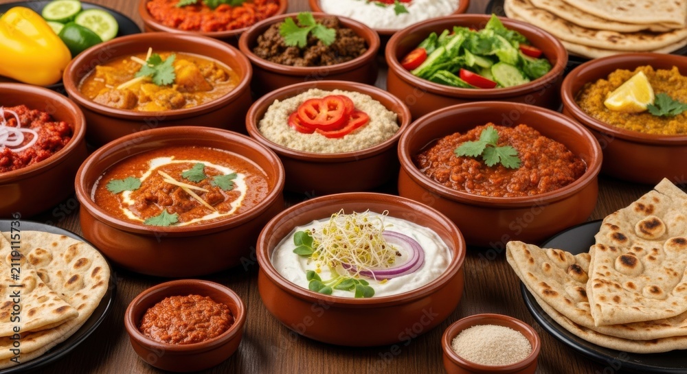 Fototapeta premium Assortment of indian dishes in clay bowls with naan bread on the side.