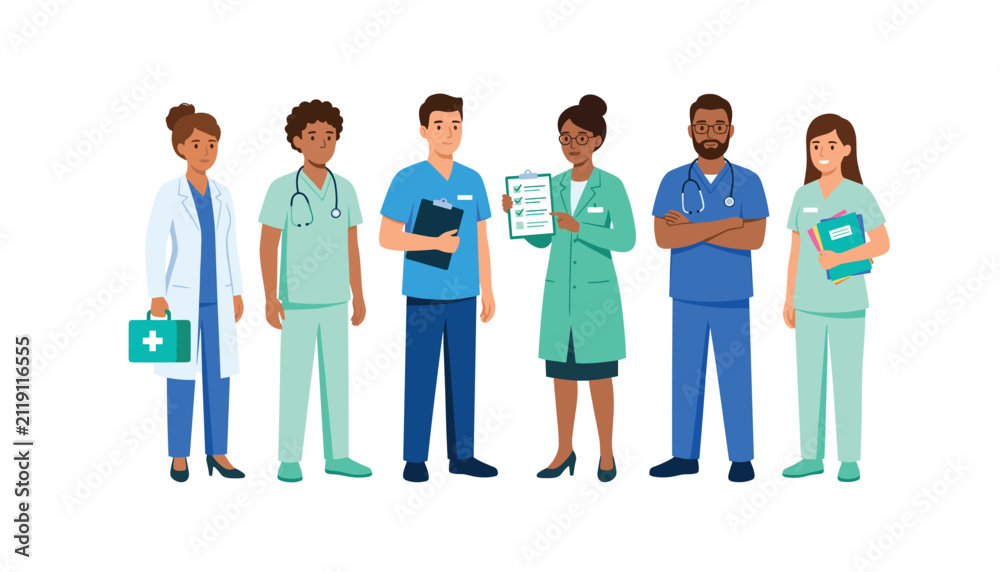 Obraz premium Flat lay vector illustration of diverse medical staff team, doctors in lab coats, nurses wearing scrubs, stethoscope, clipboards.