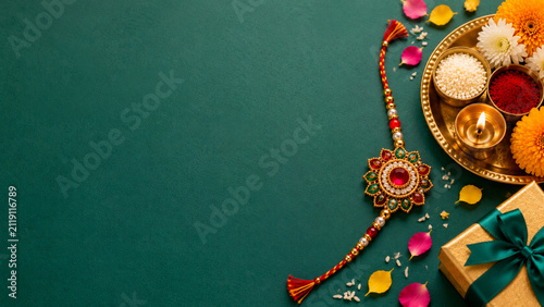 Raksha Bandhan background with traditional rakhi bracelet, festive puja thali, flower petals, gift box and elegant copy space