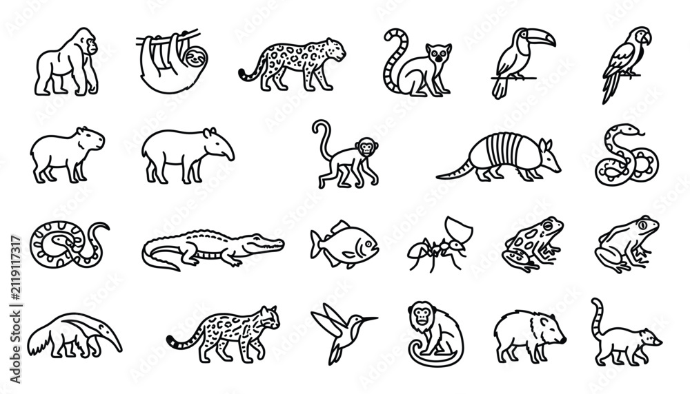 Obraz premium Wild Jungle and Rainforest Animal Outline Icons Set illustration