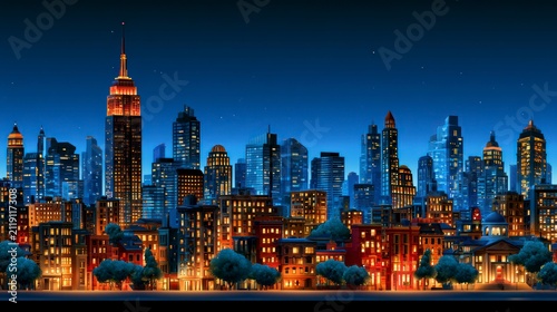 Urban metropolis skyline at night with glowing skyscraper windows in a vibrant vector illustration style for commercial real estate marketing